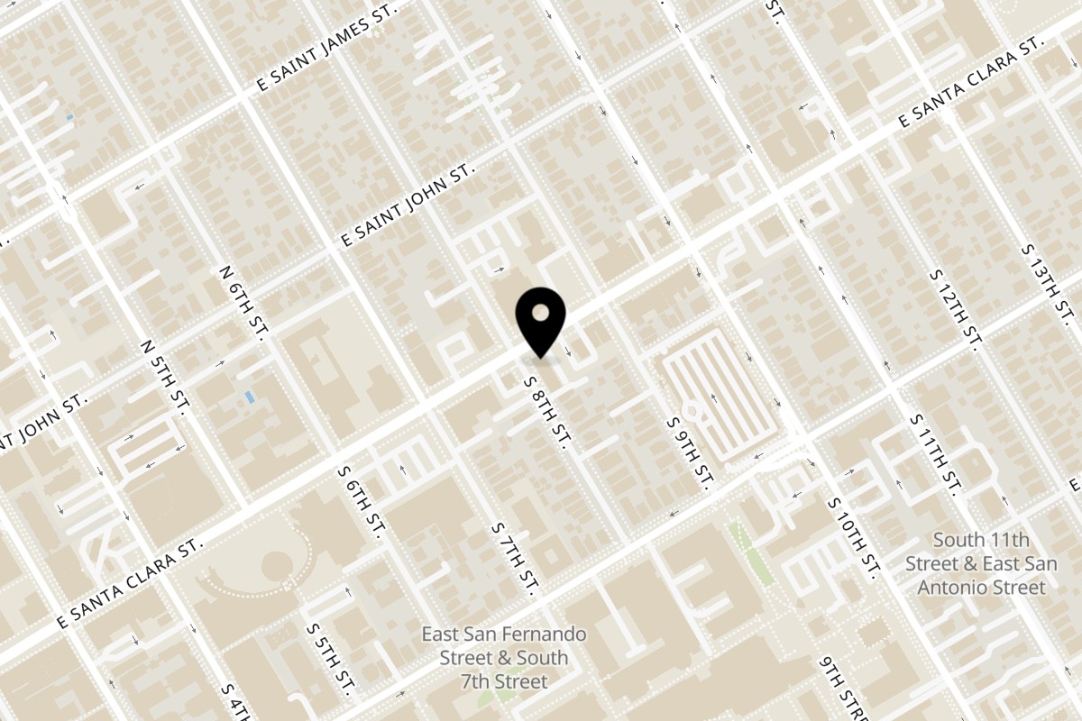 Map showing the location of The Last Round Tavern on 354 E Santa Clara St in San Jose
